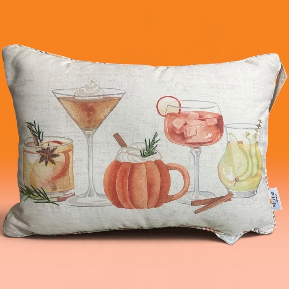 Martha Stewart Autumn Beverages Throw Pillow w/Plaid Back Zipper NWT 18x12x6"